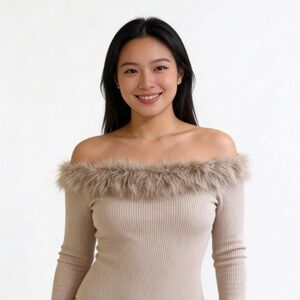 Sweet Rain Cream Ribbed Knit Top Bodysuit Faux Fur neckline Size S